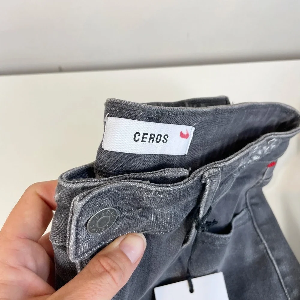 CEROS Womens‎ Super High Rise Flare Jeans Distressed Gray 27 Leather Trim NEW - Picture 6 of 13